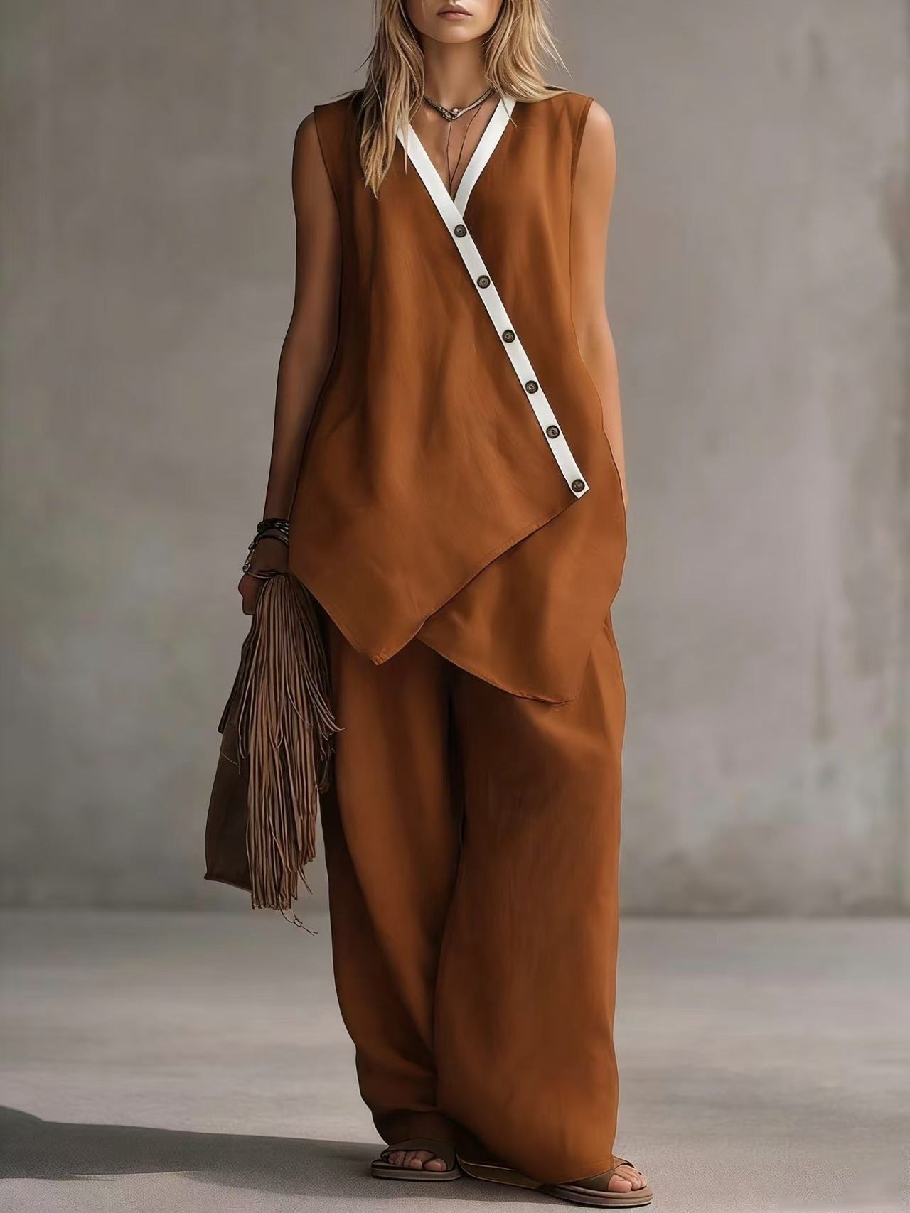 Women's Boho V-Neck Button Vest & Wide-Leg Pants Set Caramel Color