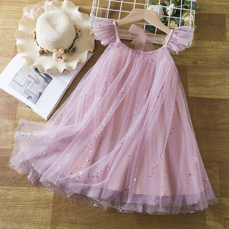 Girls' Flounced Sleeve Dress Cute Star Mesh Pink