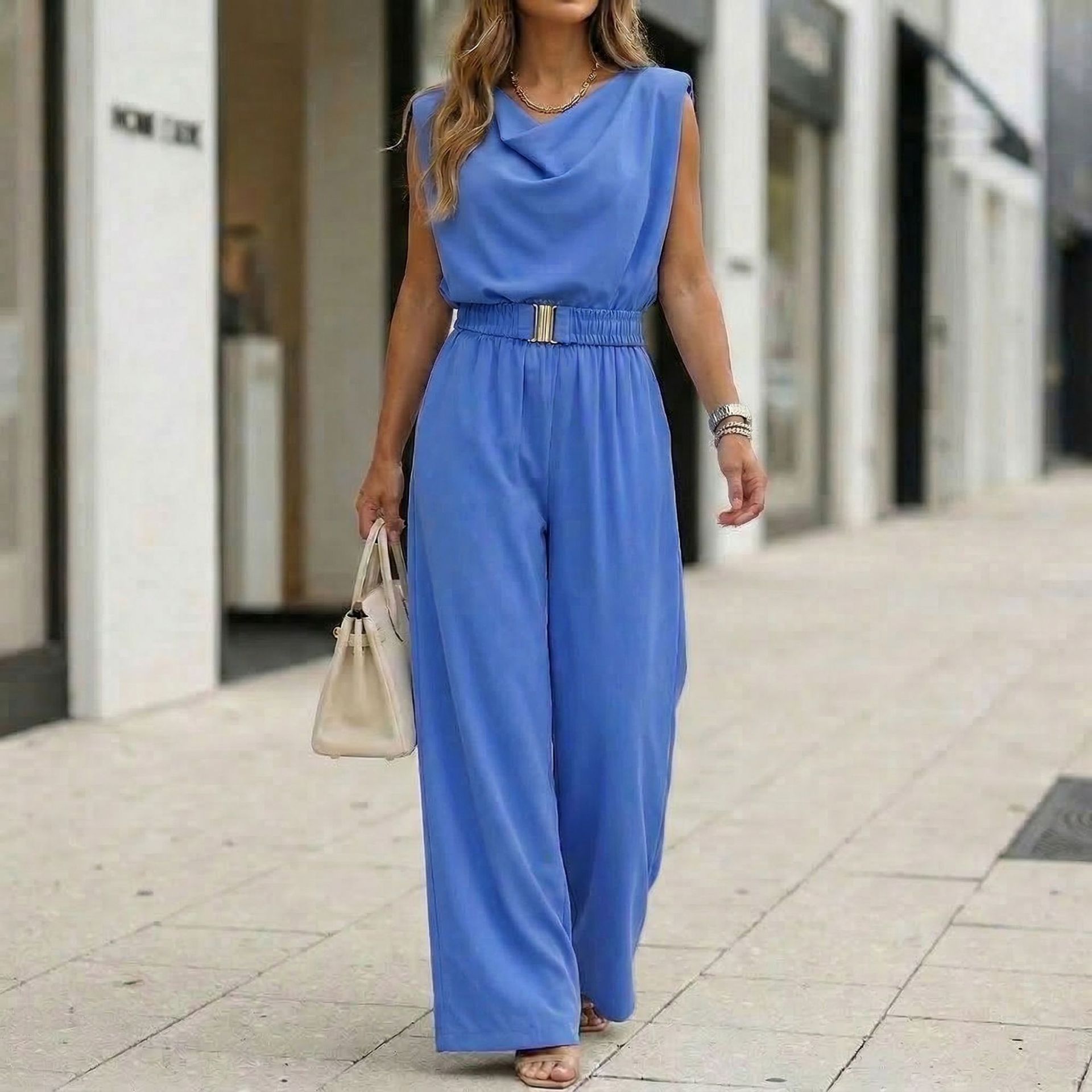 Women's Off-Shoulder Sleeveless Wide-Leg Jumpsuit – High Waist with Belt Blue