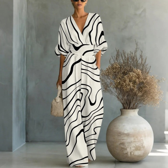 Women's Waist-Cinched V-Neck Printed Wide-Leg Jumpsuit 2color