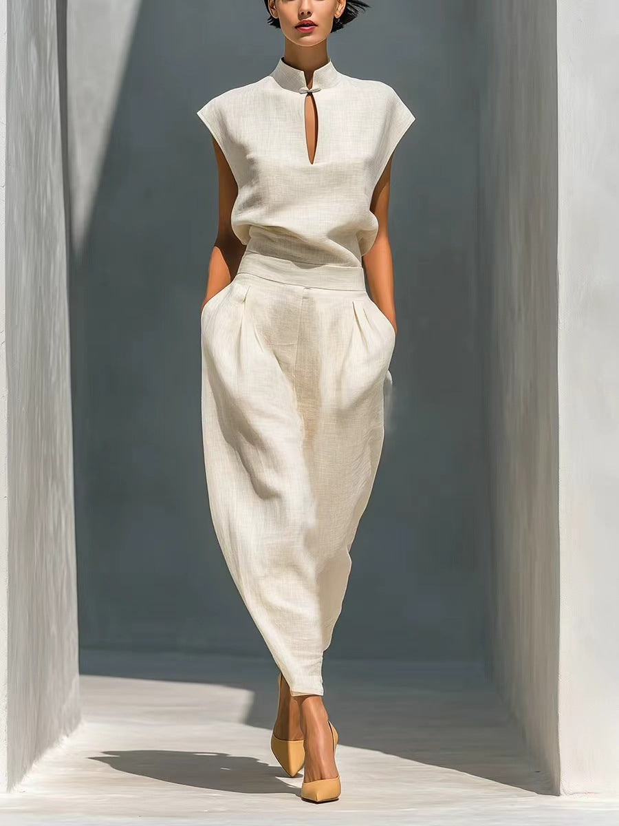 Women's Chinese-Style Satin Short-Sleeve Top & Pants Set White