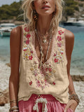 Women's Botanical Floral Print V-Neck Tank Top – 3D Digital Print Khaki