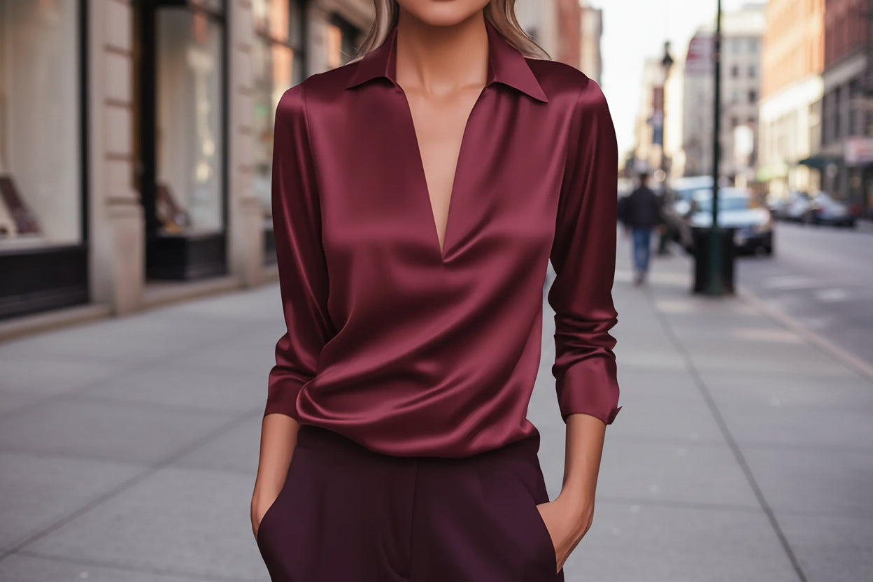 Elegant Women's V-Neck Long Sleeve Blouse With Satin Sheen Formal Shirt Wine Red