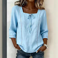 Printed Lace-Up Square-Neck Shirt – Three-Quarter Sleeve, Ramie Light Blue
