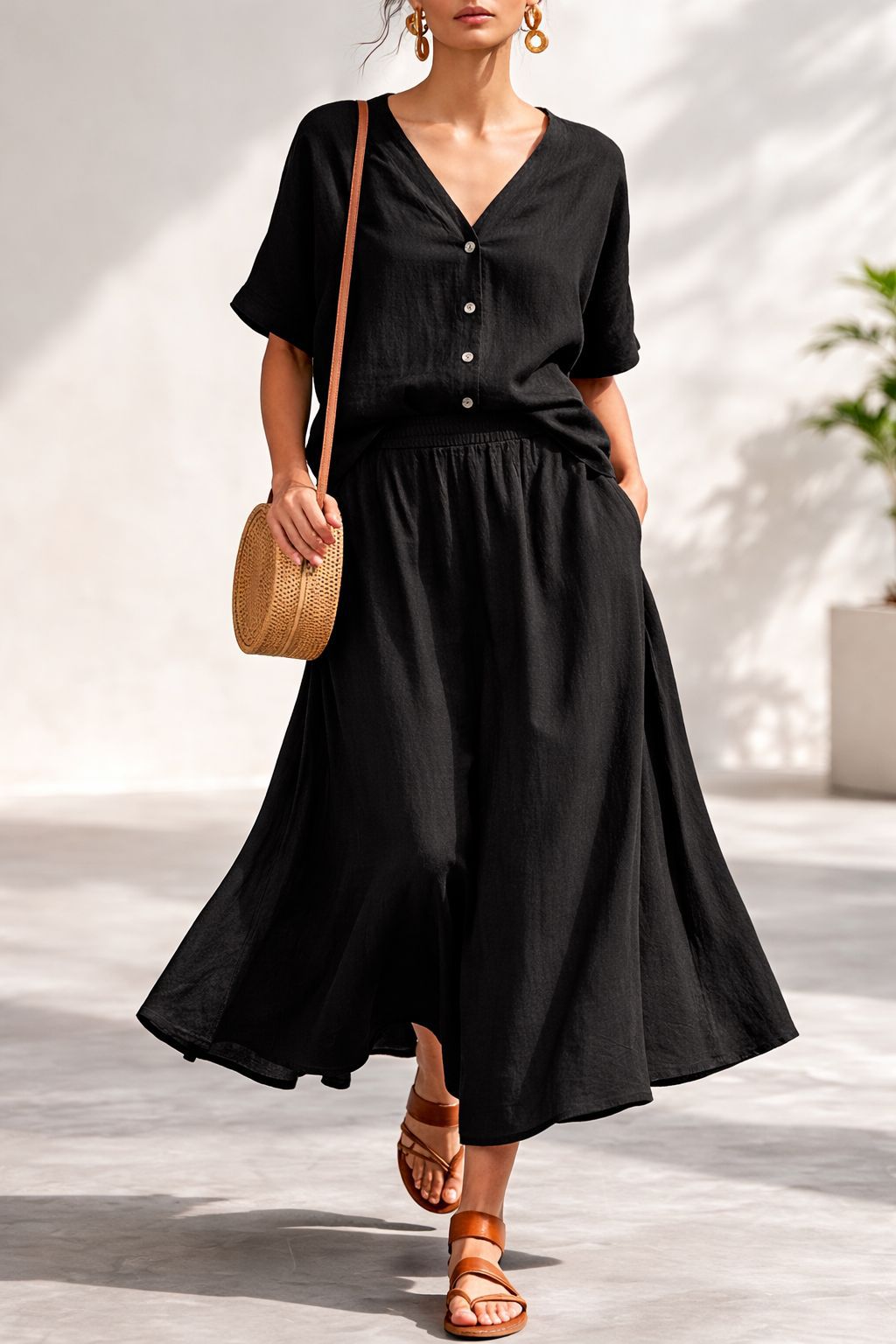 Women's Cotton-Linen V-Neck Button-Up Top & Long Skirt Set Black