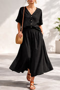 Women's Cotton-Linen V-Neck Button-Up Top & Long Skirt Set Black