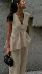 Women’s Cotton V-Neck Sleeveless Vest and Wide-Leg Pants Set Khaki
