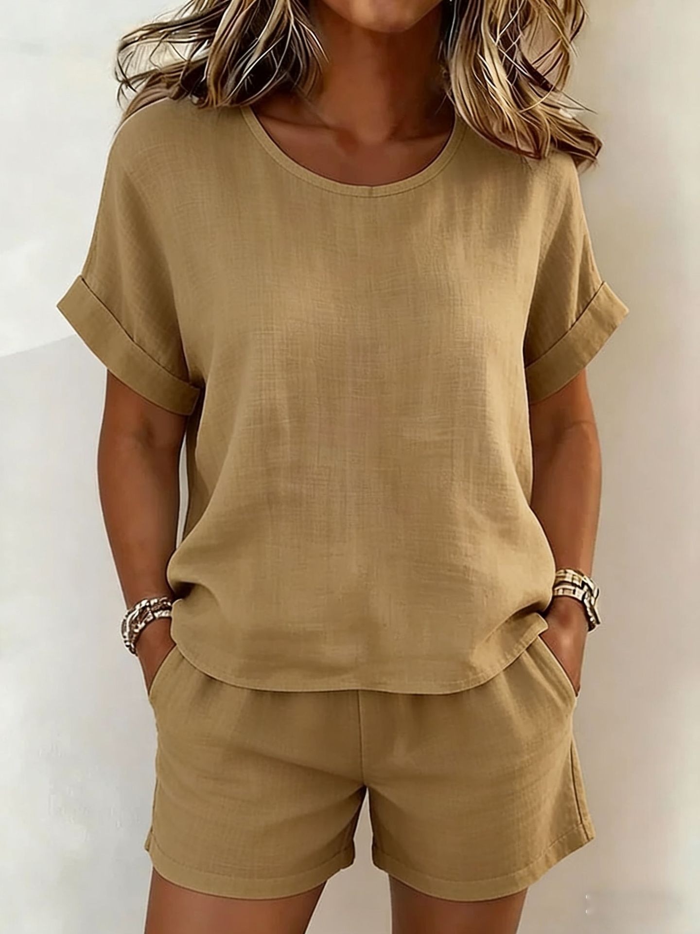 Solid-Color T-Shirt & Shorts Set – Cotton Linen, 10 Colors Khaki
