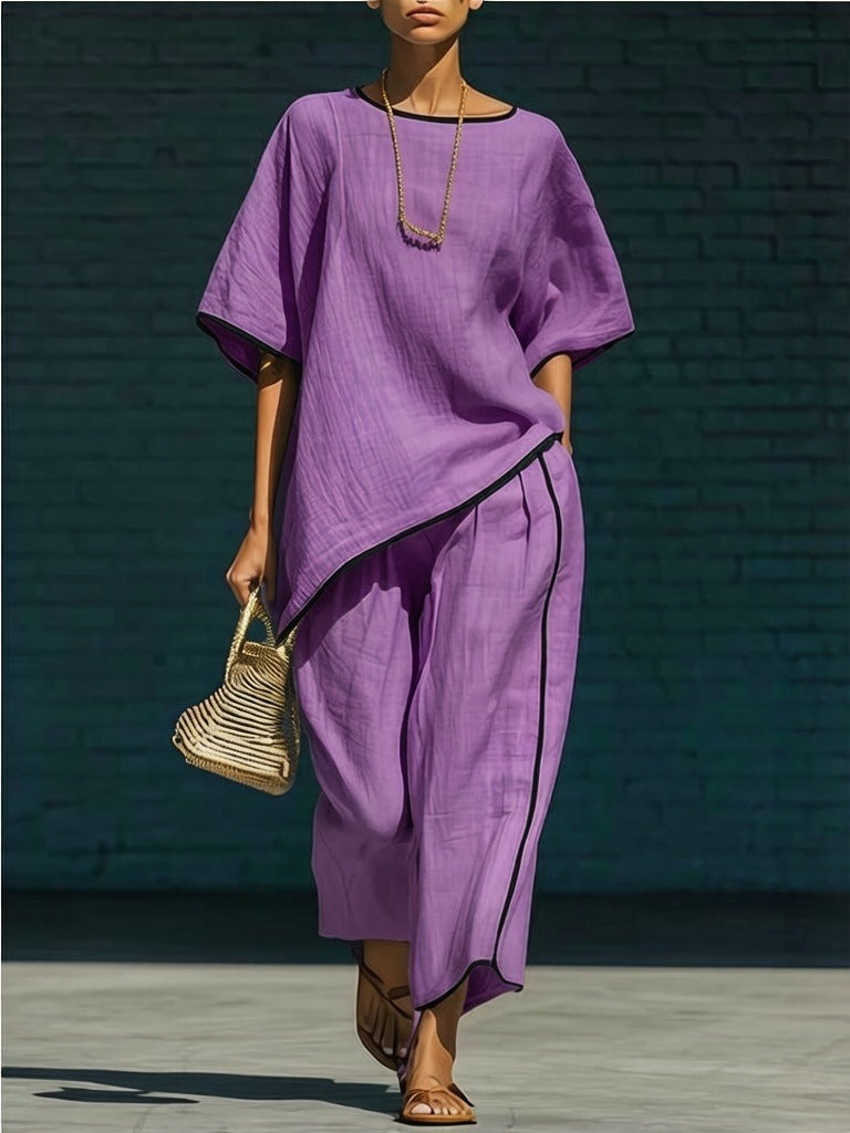 Women's Casual Resort Loose Short-Sleeve Top & Pants Set Purple