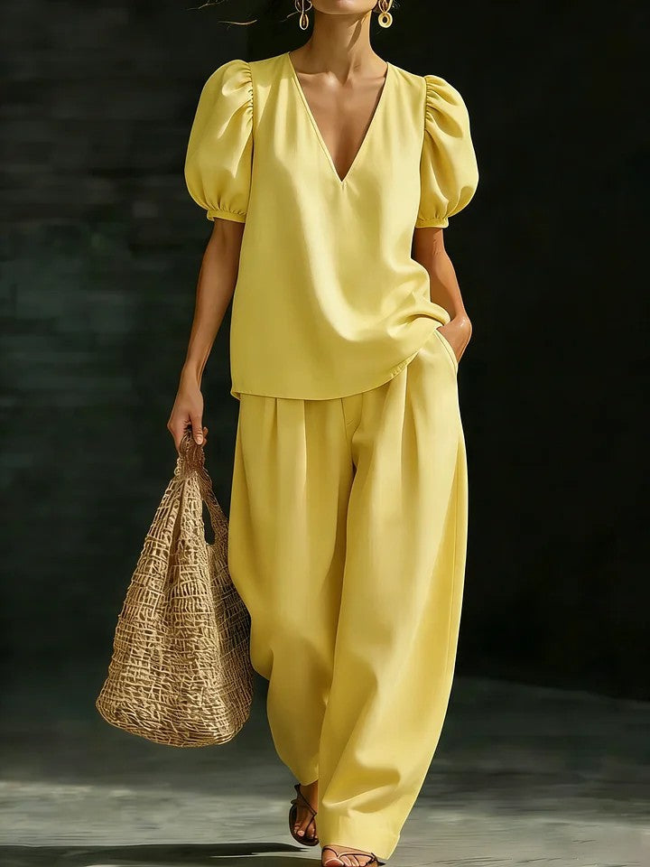 Women’s V-Neck Casual Two Piece Set Yellow