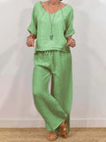 Women’s Multi Color Two Piece Set V Neck Top & Pants Green