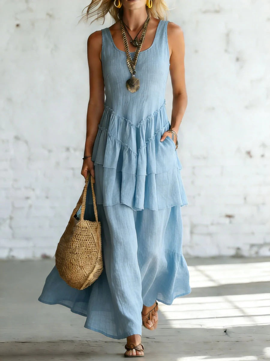 Women's Cotton Linen Sleeveless Loose Maxi Dress Sky Blue