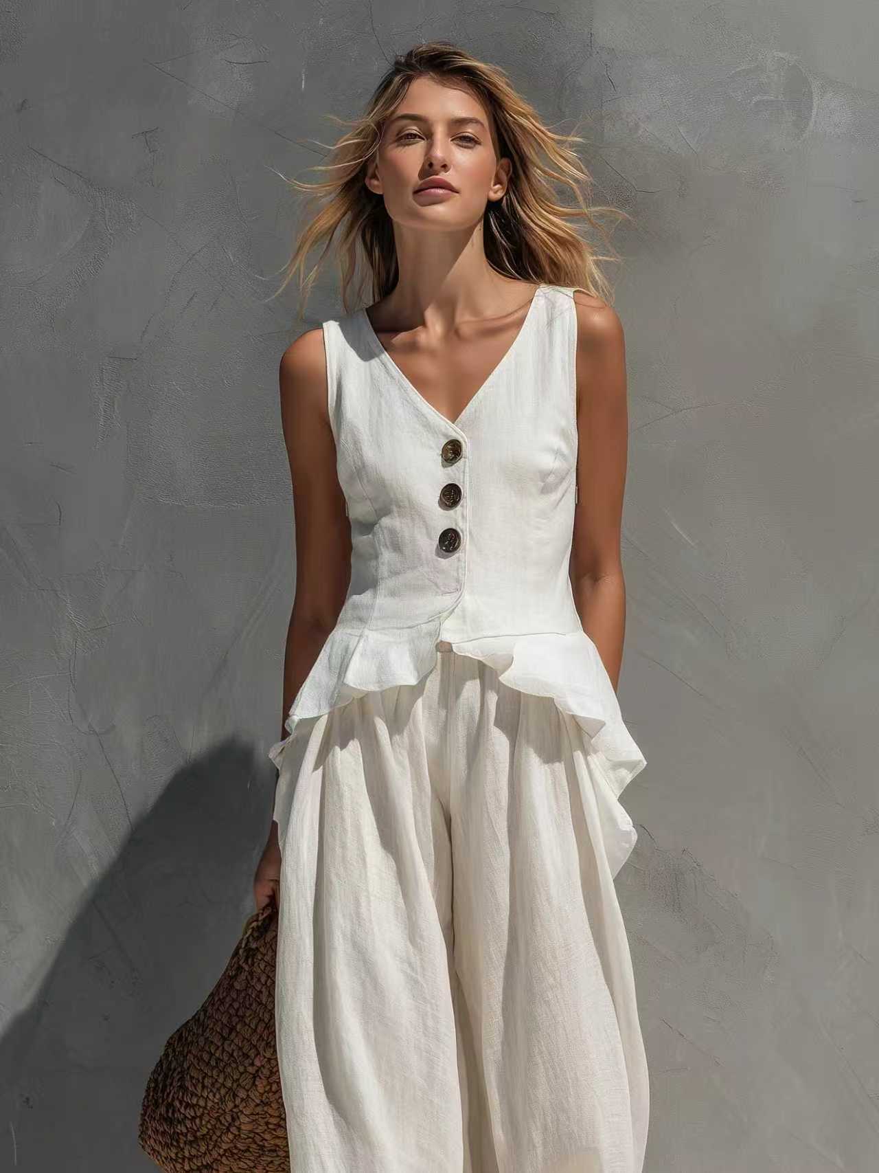 Women's Sleeveless Top & Wide-Leg Pants Two-Piece Set White