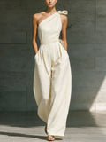 Women's Loose Sleeveless Off-Shoulder Belted Wide-Leg Jumpsuit Beige