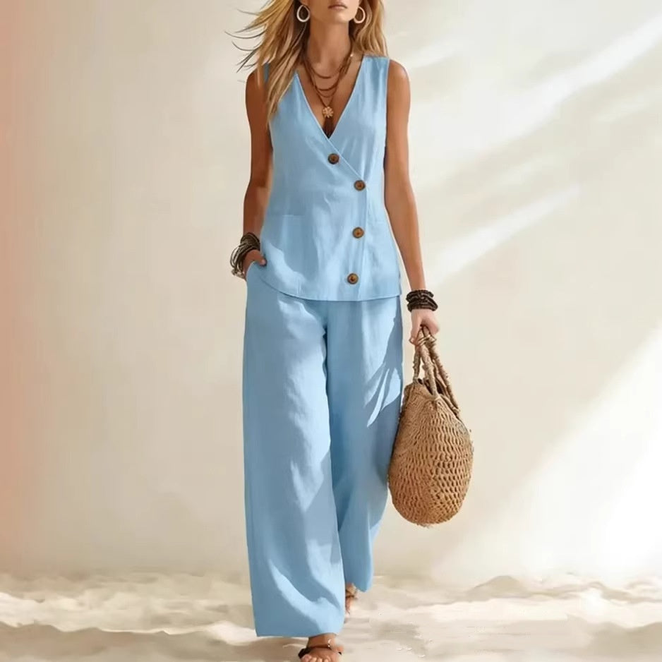 Women's Button-Up Cardigan Vest & Pants Set – Sleeveless Two-Piece Sky Blue