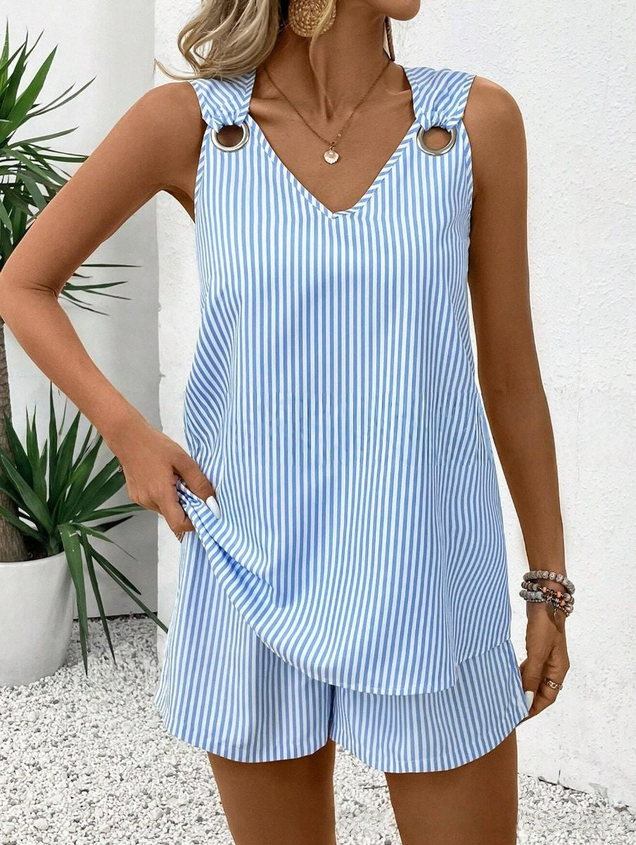 Striped Stand Collar Sleeveless Top & Shorts Set – Women's Summer Two-Piece Lake Blue