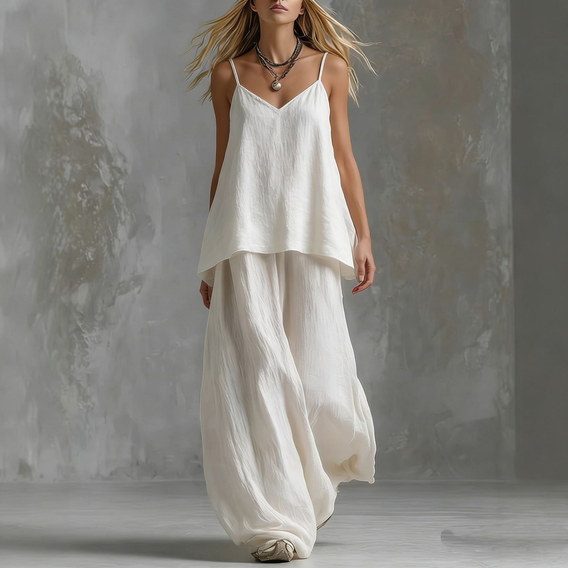 Women's Sleeveless Elegant Pantsuit – Off-Shoulder 2-Piece Suit Set White