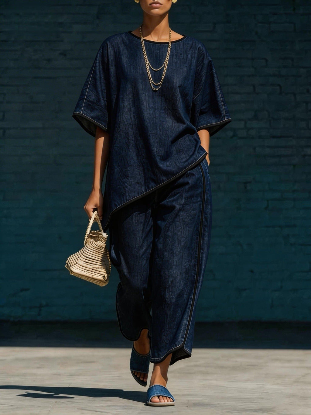 Women's Denim-Style Knit Top & Wide-Leg Pants Set – Casual 2-Piece Dark Blue