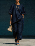 Women's Denim-Style Knit Top & Wide-Leg Pants Set – Casual 2-Piece Dark Blue