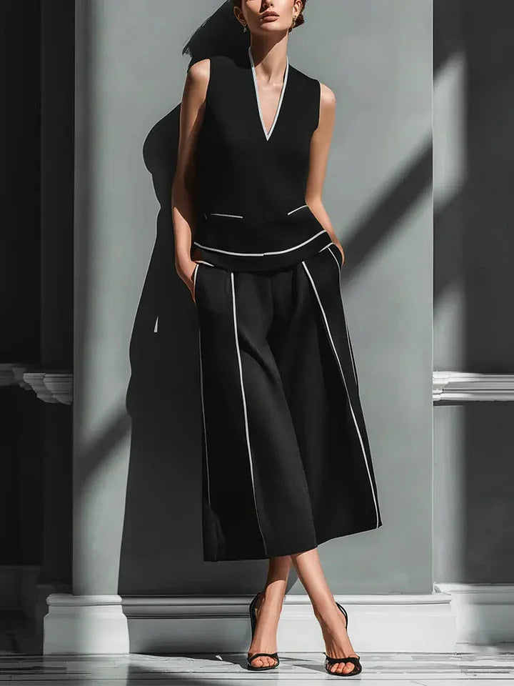 Women's Sleeveless Linen Shirt & Cropped Pants Set – Casual 2-Piece Outfit Black