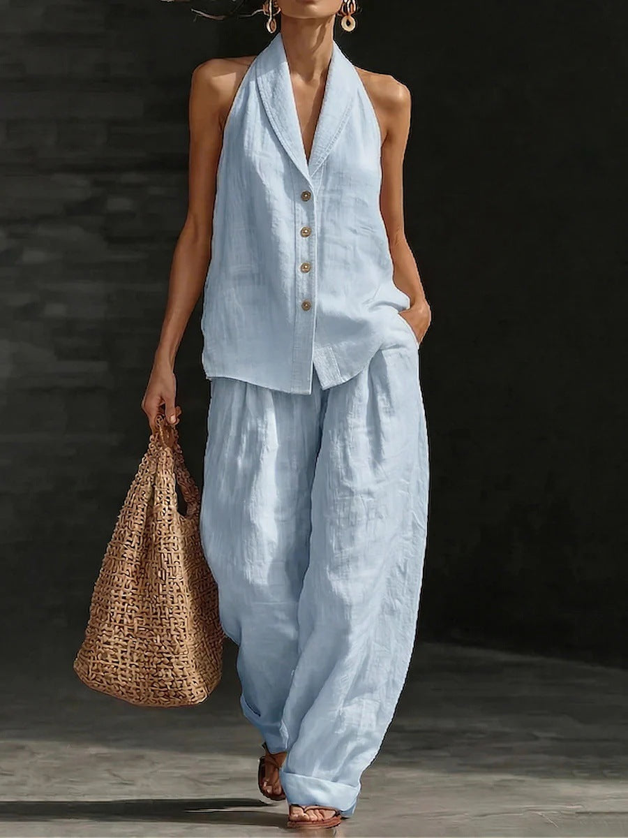 Women's Sleeveless Vest & Wide-Leg Pants Cotton-Linen Two-Piece Set Light Blue
