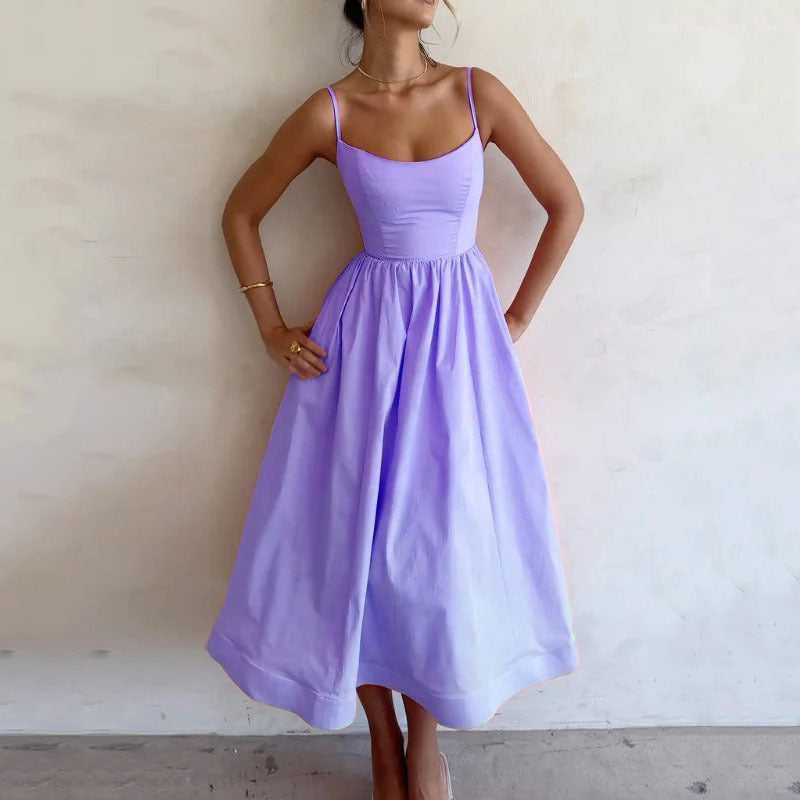 🌸 Women's Solid Color Printing Fresh Sweet Suspender Dress Purple