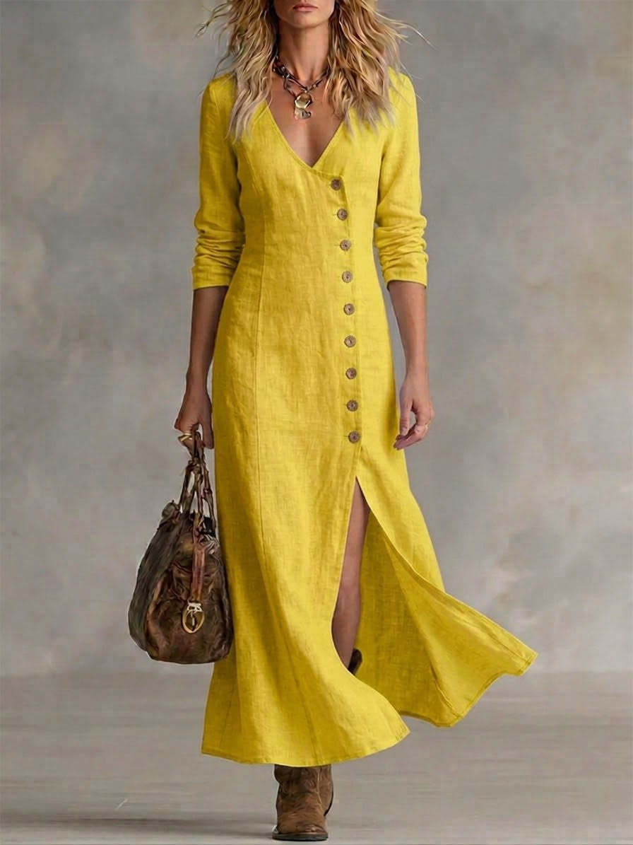 Casual Cotton Linen Long Sleeve Women’s Dress Yellow