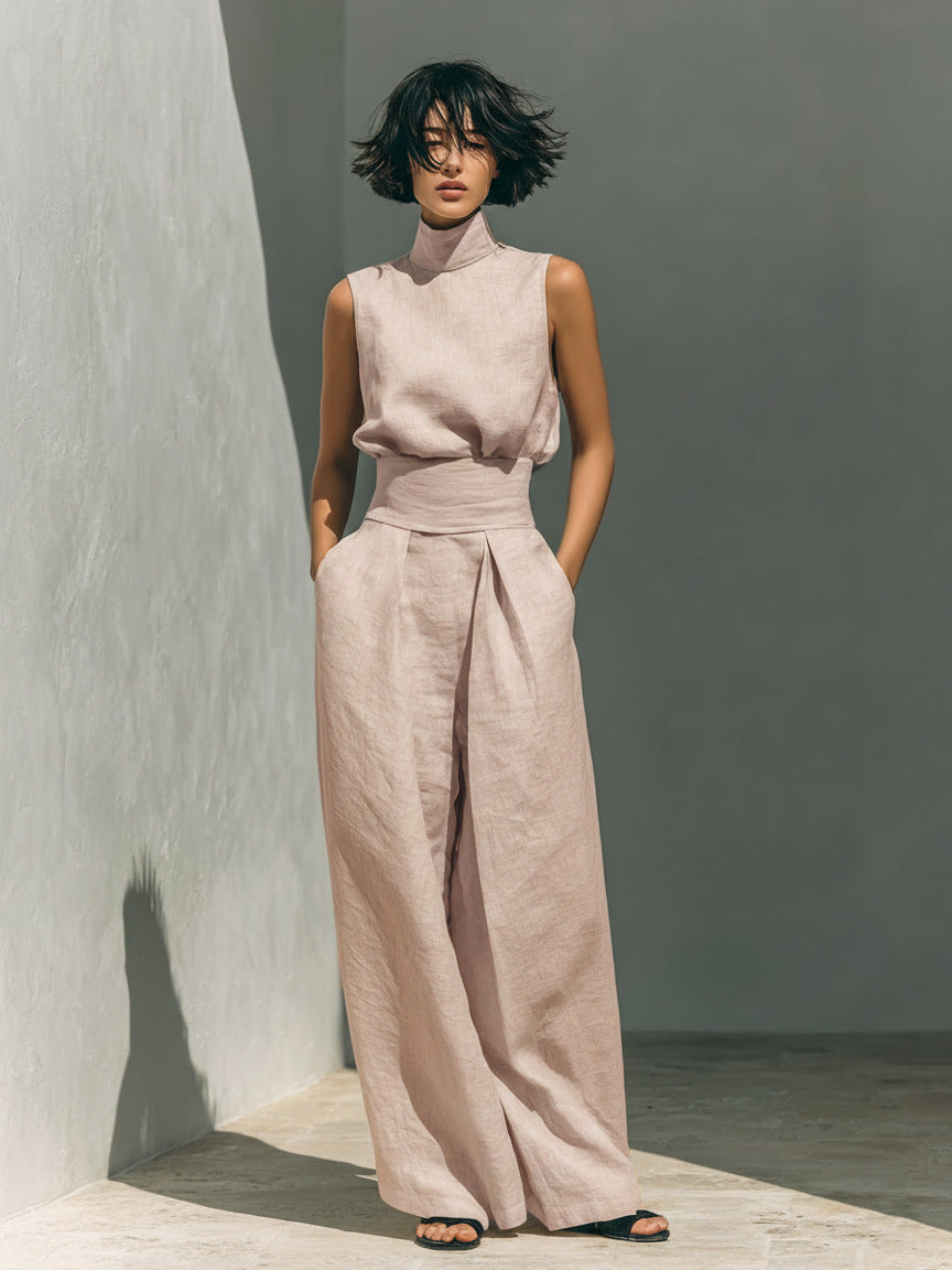 Women’s Cotton Linen Two-Piece Set – Sleeveless Top & Wide-Leg Pants Pink
