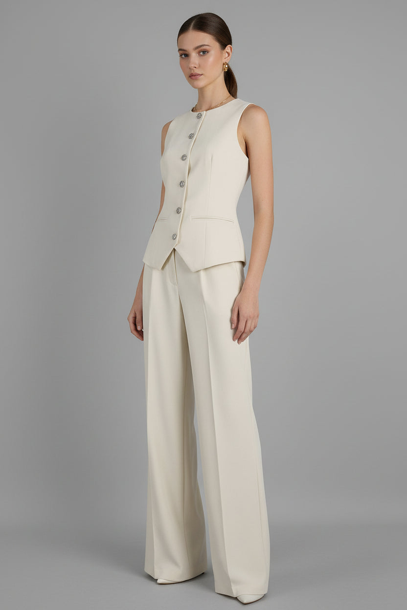 Women's Elegant Sleeveless Vest & Wide-Leg Pants Set – Office 2-Piece Apricot