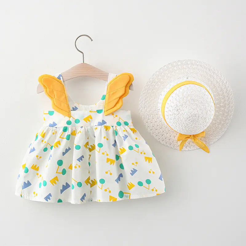 Summer Big Dot Wings Princess Dress with Hat Note Yellow Wings 80