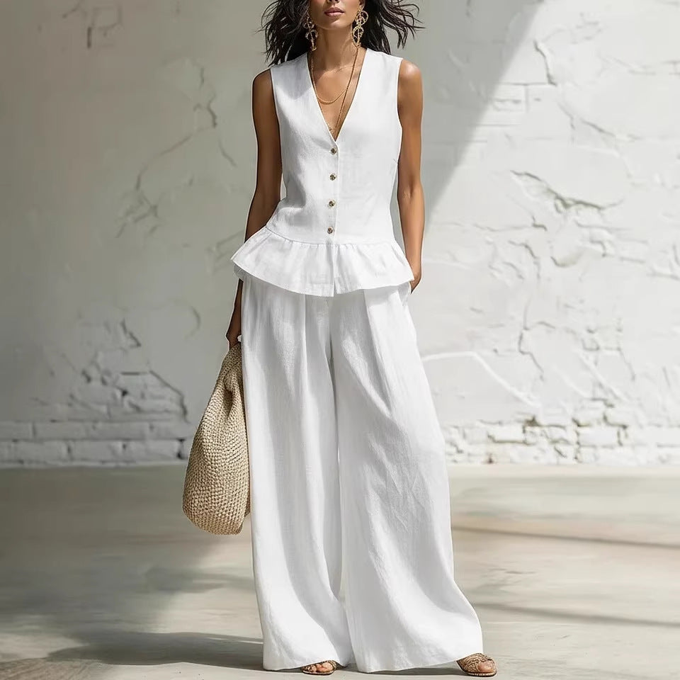 Women's Bohemian Ruffled Sleeveless Tank & Pants Set White