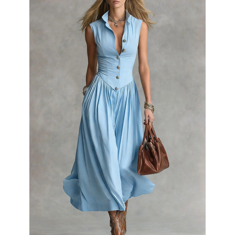 Women's Sleeveless Lapel Collar Maxi Dress – Slim Fit Patchwork Sky Blue