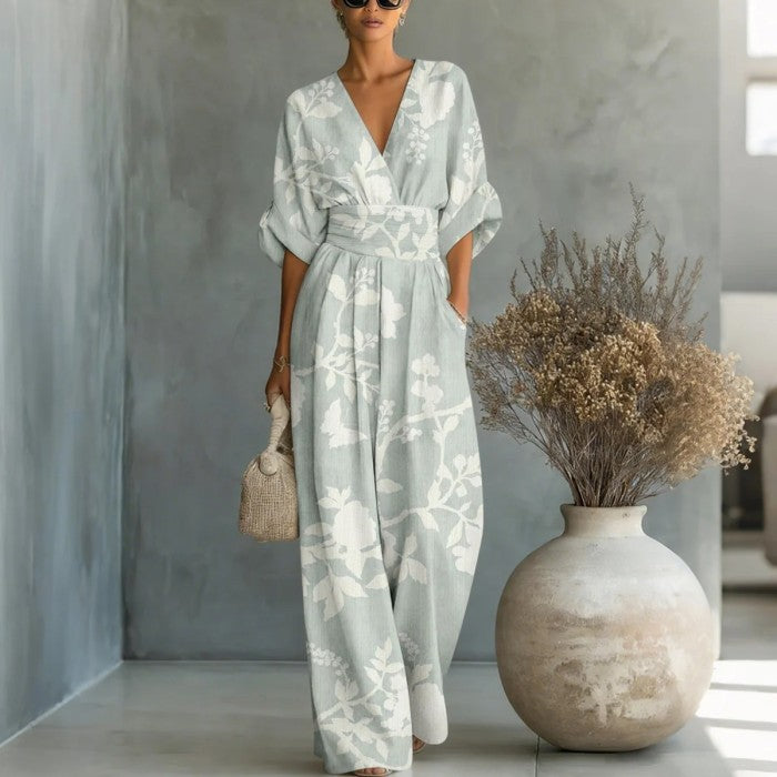 Women's Waist-Cinched V-Neck Printed Wide-Leg Jumpsuit 3color