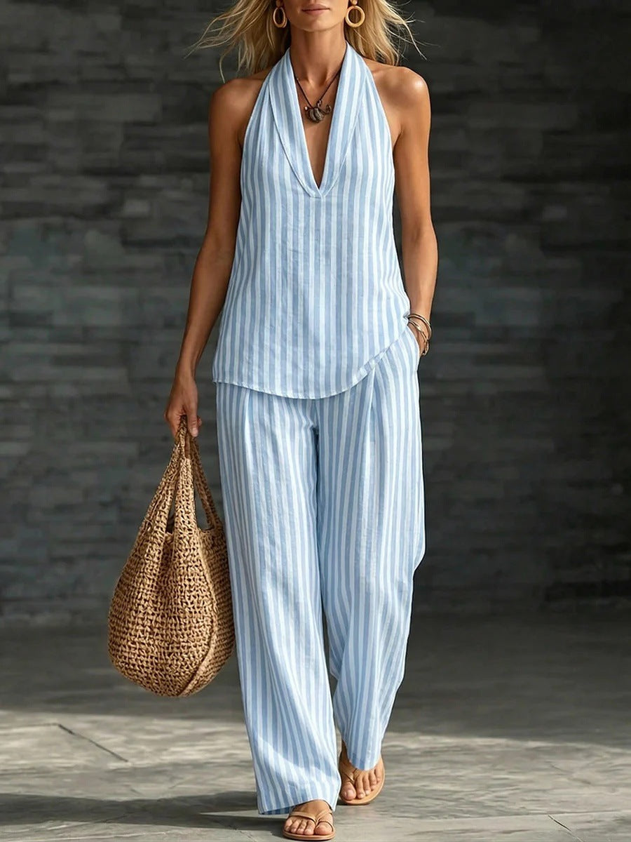 Women's Striped Sleeveless Top & Wide-Leg Pants Set – Fashionable 2-Piece Blue