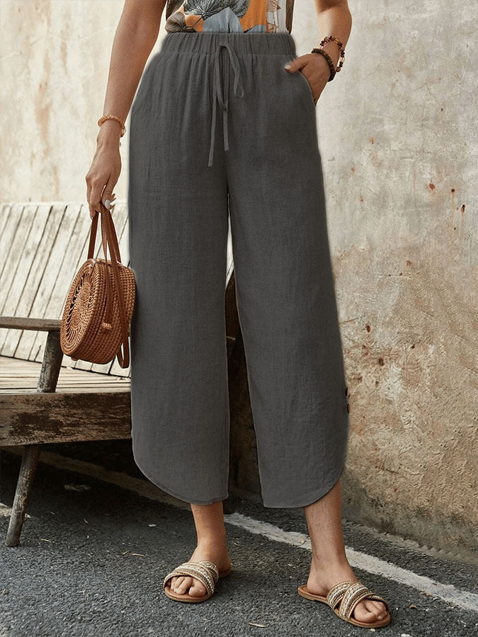 🌿 Women's Cotton-Linen Cropped Drawstring Pants Dark Gray