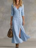 Casual Cotton Linen Long Sleeve Women’s Dress Light Blue