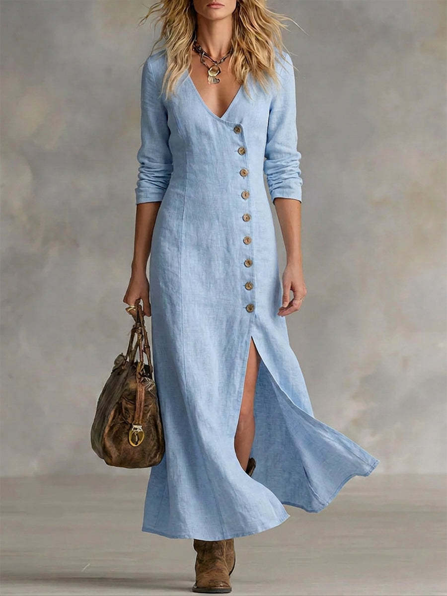 Casual Cotton Linen Long Sleeve Women’s Dress Light Blue
