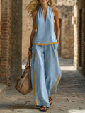 Women’s Contrast Color Sleeveless Vest and Wide-Leg Pants Set Blue