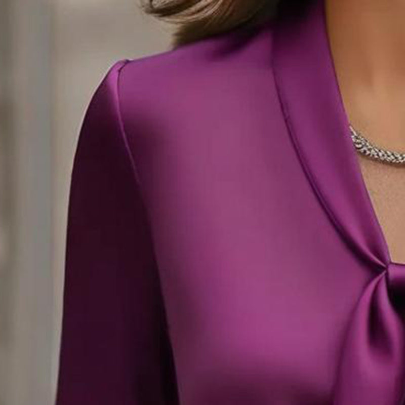 Elegant Satin Ribbon Blouse — Long Sleeve Button-Down Work Shirt