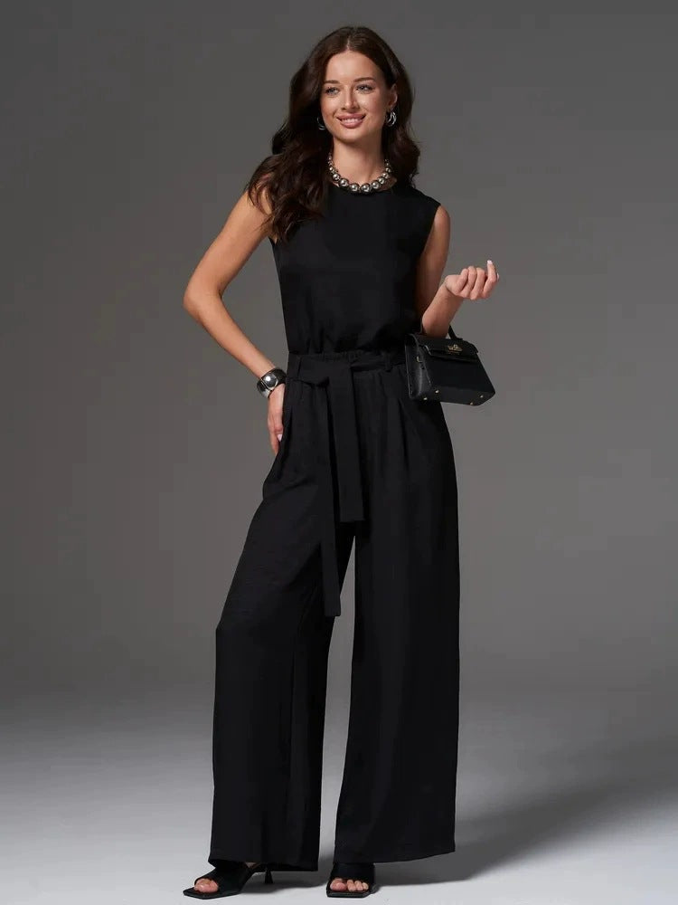 Sleeveless Cotton-Linen Wide-Leg Pants Set – 4 Colors, S–2XL Black