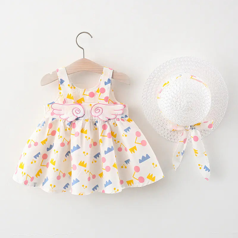 Summer Big Dot Wings Princess Dress with Hat Silver Flying Wings Pink 100