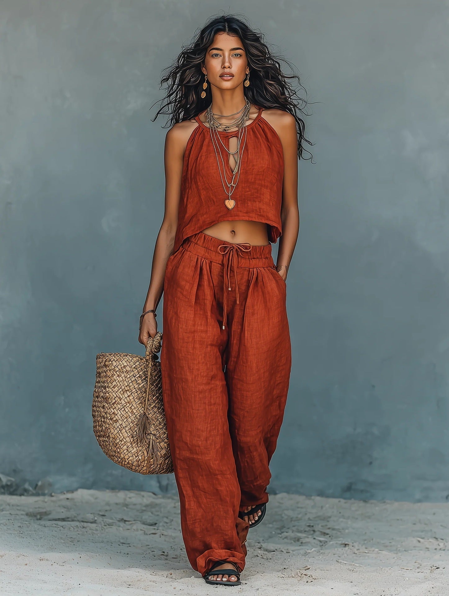 Women's Sleeveless Tank Top & Wide-Leg Pants Set – Linen Blend Summer Two-Piece Wine Red