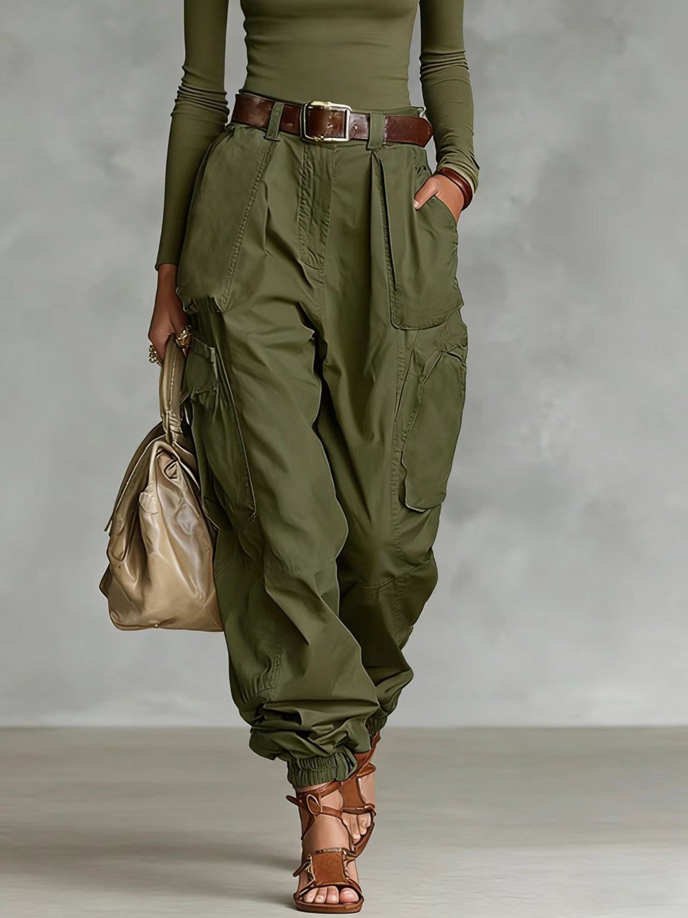 Women’s High-Waist Loose Fit Wide-Leg Casual Trousers Army Green