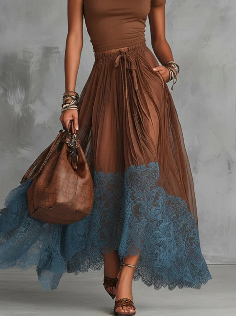Short-Sleeve Top and Lace-Panel Midi Skirt Set Dark Brown