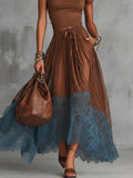 Short-Sleeve Top and Lace-Panel Midi Skirt Set Dark Brown