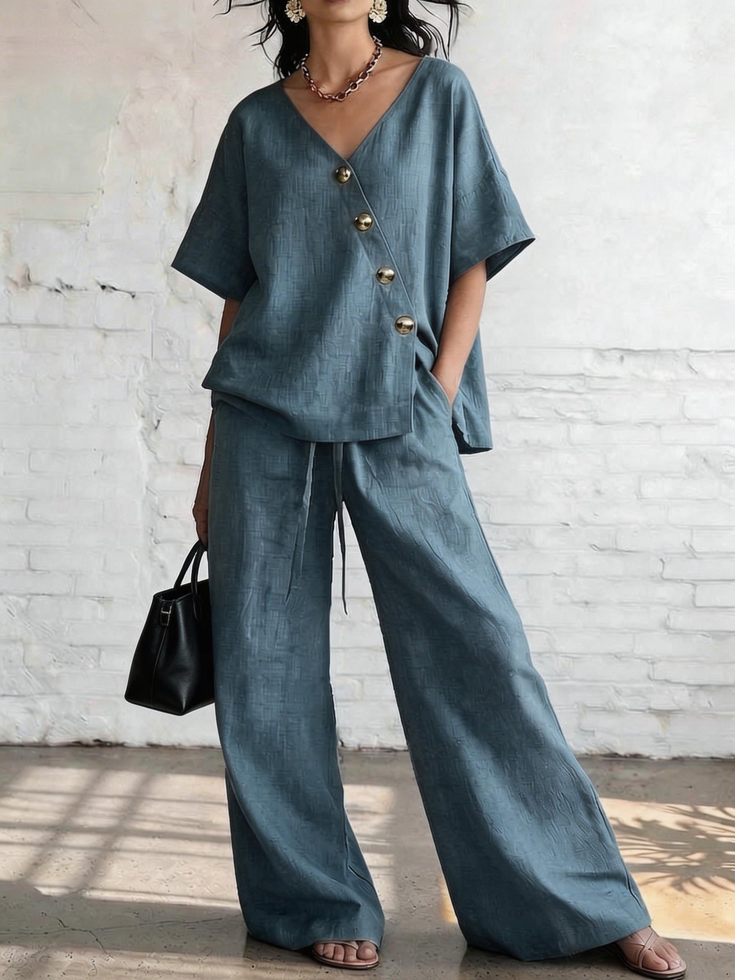 Women's Loose Cotton-Linen V-Neck Top & Wide-Leg Pants Set Sea Blue