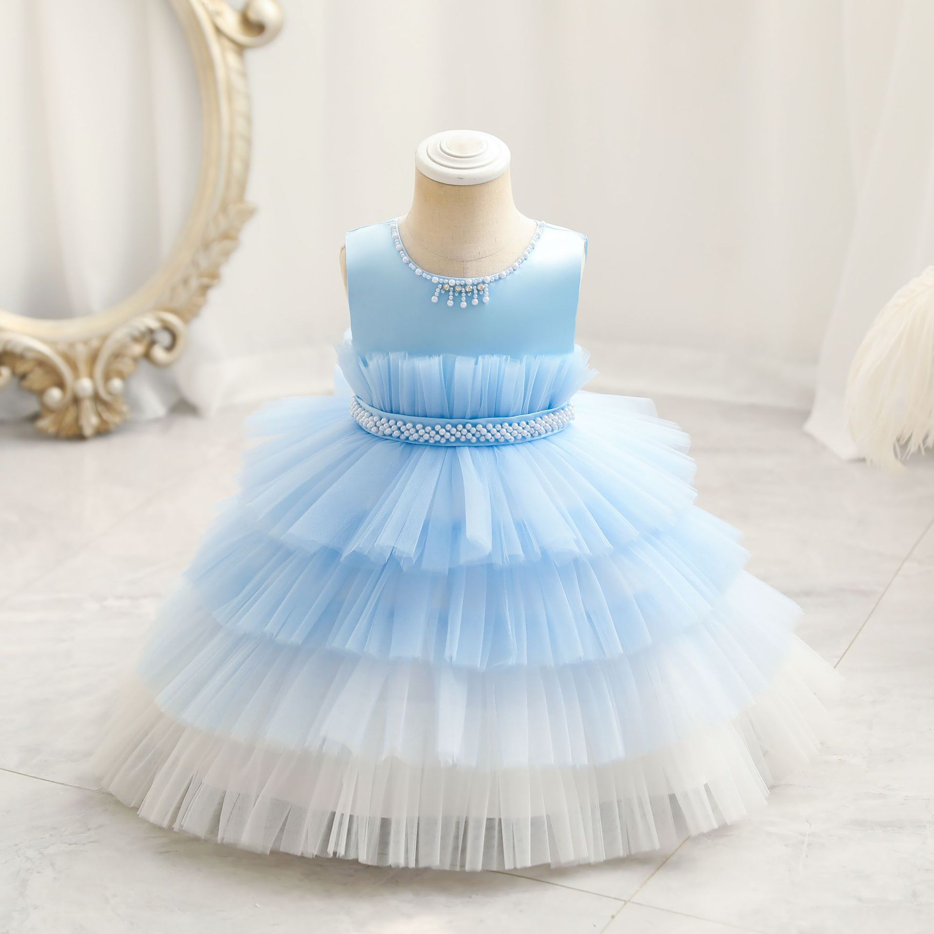 Children's Dress Color Matching Princess Dress Birthday Banquet Skirt Light Blue