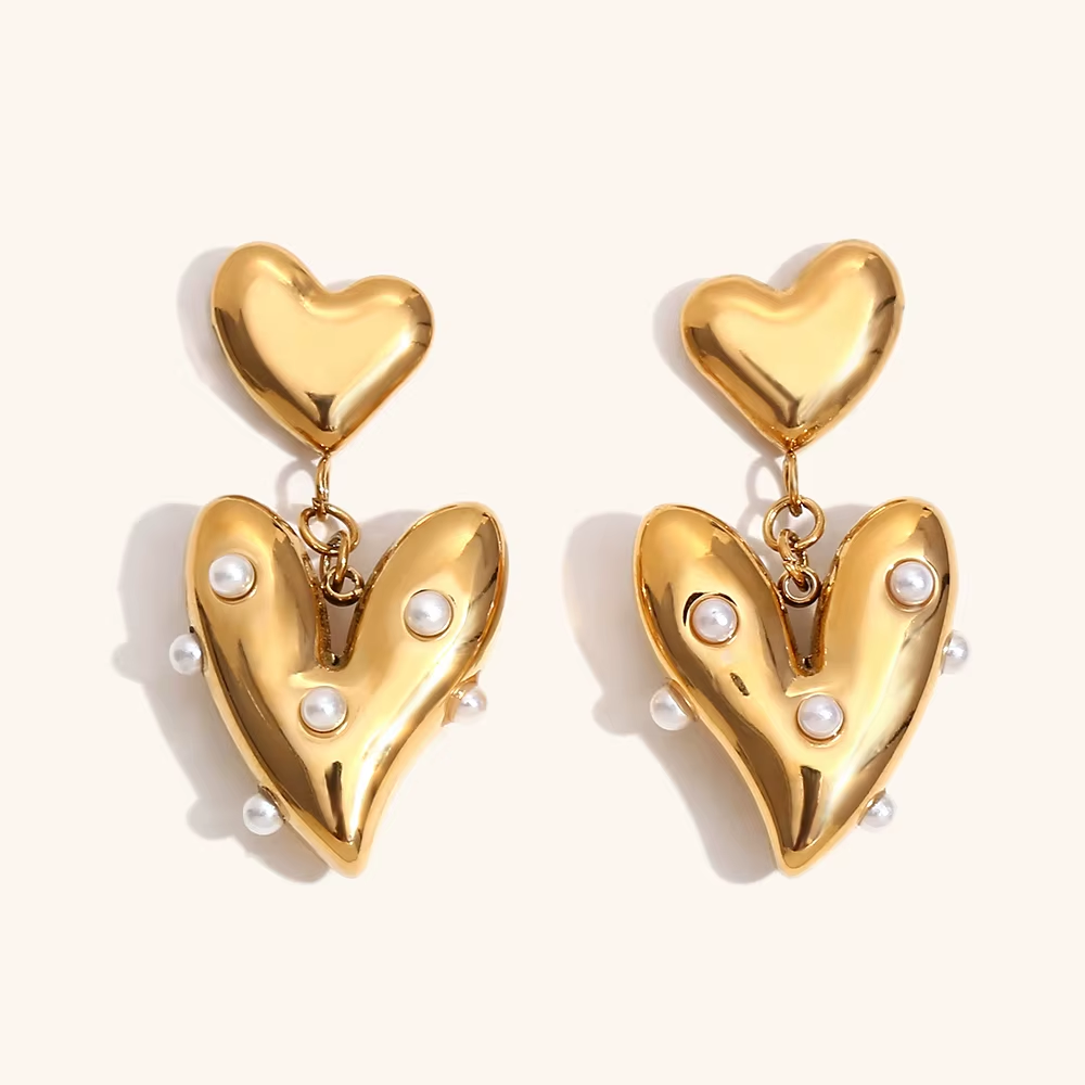 Pearl Heart Earrings - Stainless Steel