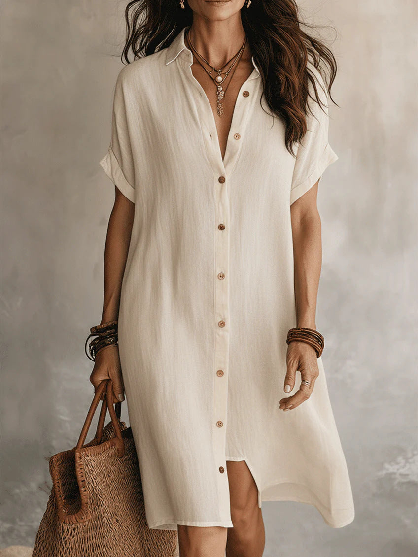 Women's Buttoned Midi Shirt Dress – Short Sleeve Cotton Linen Apricot