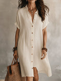 Women's Buttoned Midi Shirt Dress – Short Sleeve Cotton Linen Apricot
